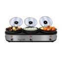 MegaChef Triple 2.5 Quart Slow Cooker and Buffet Server in Brushed Silver and Black Finish with 3 Ceramic Cooking Pots...