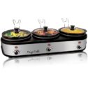 MegaChef Triple 2.5 Quart Slow Cooker and Buffet Server in Brushed Silver and Black Finish with 3 Ceramic Cooking Pots...