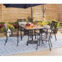MF Studio 5-Piece Outdoor Patio Dining Set Modern Steel Furniture with 4 Slatted Armchairs and 1 Square Wood-like Table, Black