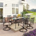 MF Studio 7 Piece Outdoor Patio Dining Set, 6 Piece Swivel Dining with Beige Cushion & 1 Piece Rectangle Slatted...