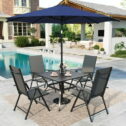 MF Studio 6-Piece Patio Dining Set with Umbrella, 7-Level Adjustable High-Back Aluminum Folding Sling Chairs, Square Table, Black and Navy...