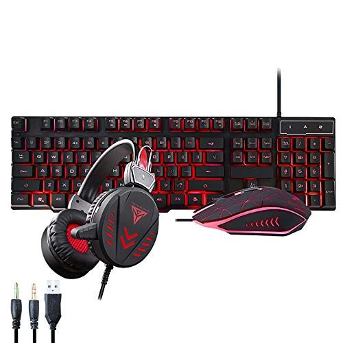 MKLEKYY Gaming Keyboard Mouse Headset Kit, Rainbow LED Backlit Wired, Over Ear Headphone with Mic for PC, Computer, PS4, Tablet,...