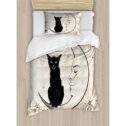 Moon Duvet Cover Set Twin Size, Black Cat Sitting on White Crescent Moon Contrasting Facial Expressions Feline, Decorative 2 Piece...