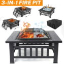Multifunctional Fire Pit Table, Metal Fire Pit for Outside Stone Pattern, Wood Burning Outdoor Fireplace with Screen Lid/Poker for Backyard...