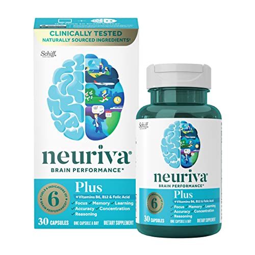 Neuriva Nootropic Brain Support Supplement - Plus Capsules (30 Count in a Box), Phosphatidylserine, B6, B12, Supports Focus Memory Concentration...