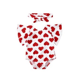 Newborn Baby Girl Valentine's Day Outfits Short Ruffle Sleeve Heart Print Romper...