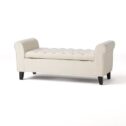 Noble House Clayton Contemporary Rolled Arm Velvet Storage Ottoman Bench, Ivory and Dark Brown