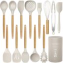 oannao Silicone Cooking Utensils Kitchen Utensil Set - 446°F Heat Resistant,Turner Tongs,Spatula,Spoon,Brush,Whisk. Wooden Handles Khaki Kitchen Gadgets Tools Set for...