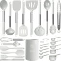 oannao Silicone Cooking Utensils Set - Heat Resistant Stainless Steel Kitchen Utensils, Baking Tools Kitchen Gadgets,Turner,Tongs,Spatula,Spoon,Brush,Whisk,Non-Stick Friendly, Dishwasher Safe (White)