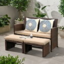 OC Orange-Casual 3 Piece Outdoor Loveseat, Patio Furniture Set, with Ottoman/Side Table, Brown Rattan, Beige Cushion