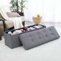 Ornavo Home Foldable Tufted Linen Large Storage Ottoman Bench Foot Rest Stool/Seat - 15