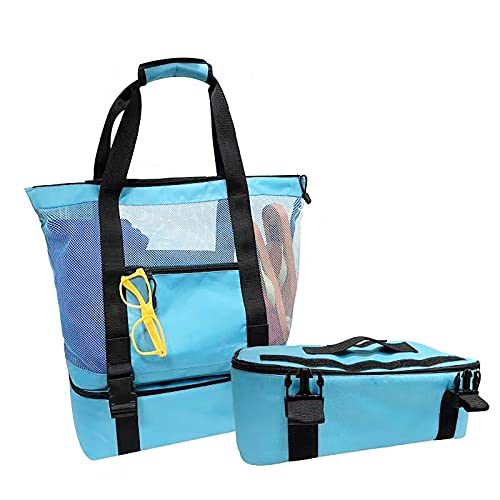 Outdoor Camping Beach Mesh Tote Bag With Detachable Cooler Bag Packing Organizer, Beach Bags with Zipper for Travel (Blue, 16.1...