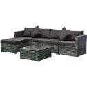Outsunny 6-Piece Outdoor Patio Rattan Wicker Furniture Set with Comfortable Cotton Cushions, Removable Slip Covers, Grey/Charcoal