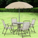 Outsunny 6 Piece Fabric Patio Dining Set for 4 with Umbrella, Outdoor Table and Chairs, Beige