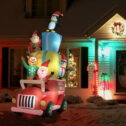 Outsunny 9ft Christmas Inflatables Outdoor Decorations Santa Claus Drives a Gift Car with Elk, Elf and Two Penguins, Blow-Up LED...