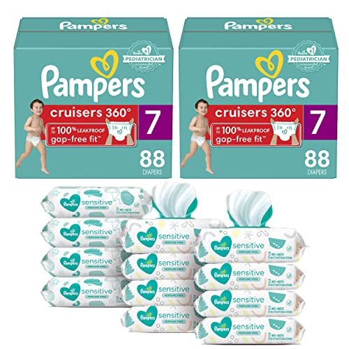 Pampers Pull On Cruisers 360° Fit Diapers Size 7, 2 Month Supply (2 x 88 Count) with Sensitive Baby Wipes,...