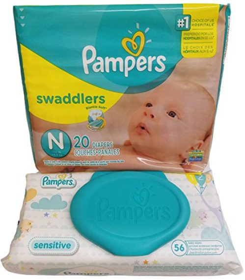 Pampers Swaddlers Diapers, Newborn, 20 Count - Pampers Sensitive Wipes Travel Pack 56 Count.