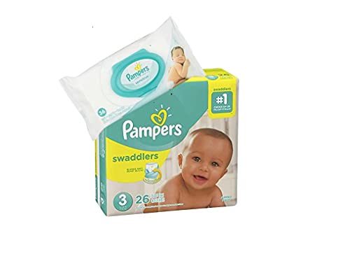 Pampers Swaddlers Disposable Size 3 Diapers 26 Count Bundle with 36 Pampers Sensitive Care Baby Wipes