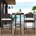 Patio Bistro Set, 3 Piece Outdoor High Top Table and Chair Set, Wicker Bar Height Bistro Sets with Glass Top...