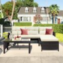 Patio Dining Set, 3 Piece Outdoor Rattan Sectional Sofa Set with Glass Table, Loveseat Sofa and Chaise Lounge, Patio Furniture...