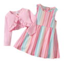 PatPat Toddler Girls Clothes Kid Girls Dresses 2pcs Colourful Stripe Sleeveless Dress and Long Sleeve Ruffled Cardigan Outfits Set, Pink...