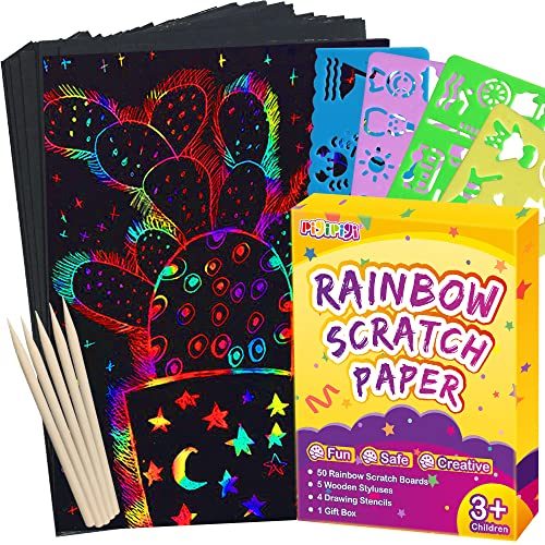 pigipigi Scratch Paper Art for Kids - 59 Pcs Magic Rainbow Scratch Paper Off Set Scratch Crafts Arts Supplies Kits...