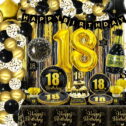 PIXHOTUL 18th Birthday Decorations - 250 Pcs Black and Gold Party Decorations, Black Gold Balloons, Banner, Plates, Napkins, Cups, Tablecloth,...