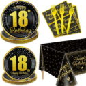 PIXHOTUL 18th Birthday Decorations for Boys Girls Serve 20 - 81Pcs Plates Napkins Tablecloth Forks Set for Black and Gold...