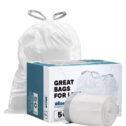 Plasticplace 10-10.5 Gallon Drawstring White Trash Bags Compatible with simplehuman Code J, 50 Count