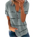 Pntutb Womens Clearance Plus Size Zipper Stripe Print V-Neck Short Sleeve T-Shirt Blouse
