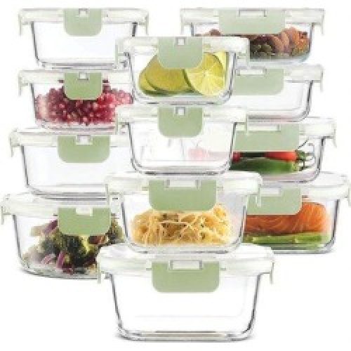 Prep & Savour 24-Piece Superior Glass Food Storage Containers Set - Newly Innovated Hinged BPA-Free Locking Lids in Green |...