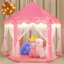Princess Castle Play Tent for Girls Indoor Outdoor, Hexagon Pink Large Kids Play House with Star Lights