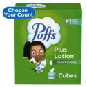Puffs Plus Lotion Facial Tissue, 4 Mega Cube Boxes, White, 72 Tissues per Box