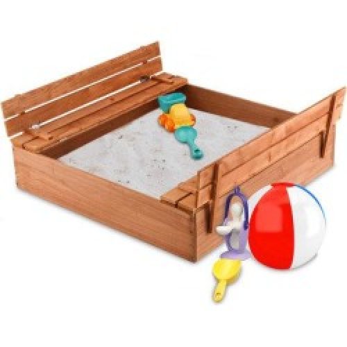 qing Outdoor Wooden Sandbox, 45X45 Inch Large Solid Wood Sandbox w/ 2 Foldable Bench Seats, Covered Convertible Sandbox For Sand...