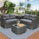 Rattan Patio Sofa Set, 4 Pieces Outdoor Sectional Furniture, All-Weather PE Rattan Wicker Patio Conversation, Cushioned Sofa Set with Glass...