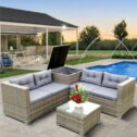 Rattan Patio Sofa Set, 4 Pieces Outdoor Sectional Furniture, All-Weather PE Rattan Wicker Patio Conversation, Cushioned Sofa Set with Glass...