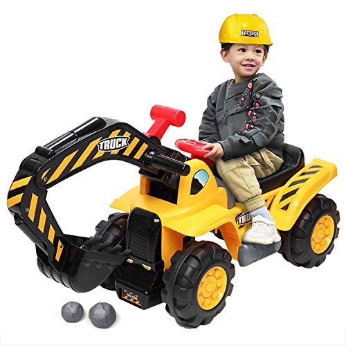 Ride On Excavator Toys for Kids, Digger Scooper Toys, Pretend Play Construction Truck W/Safety Helmet, 2 Rocks, Horn, Realistic Sounds...