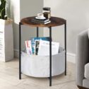 Round Side End Tables for Living Room Couch, Industrial Accent Bedside Desk with Storage Wood