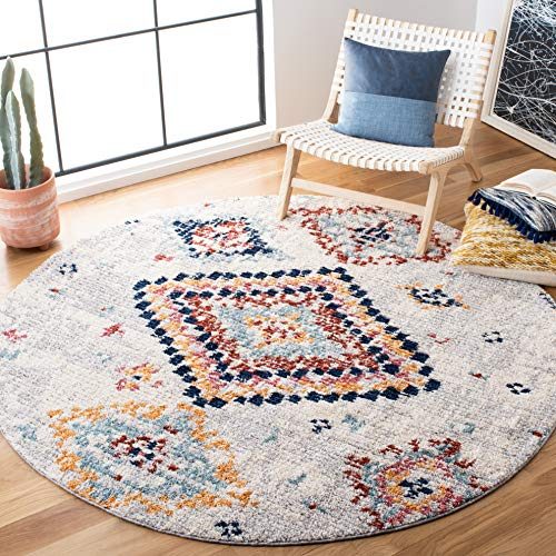 SAFAVIEH Morocco Collection MRC954A Moroccan Boho Tribal Living Room Dining Bedroom Foyer Area Rug 3' x 3' Round Ivory/Multi