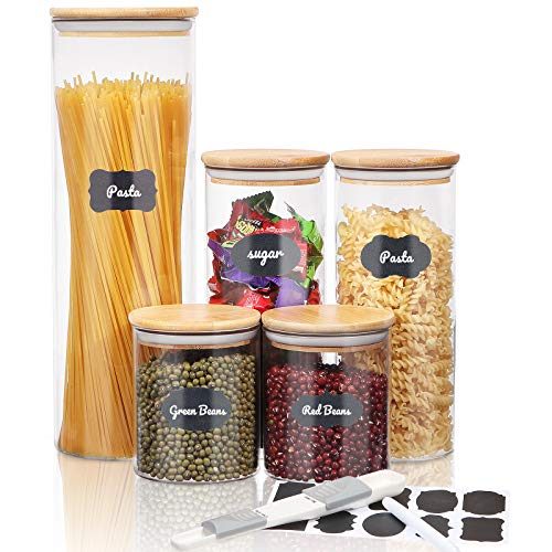 SAWAKE Glass Canisters Set for Kitchen Counter, Clear Glass Food Storage Jars with Airtight Bamboo Lids for Pasta, Flour, Rice,...