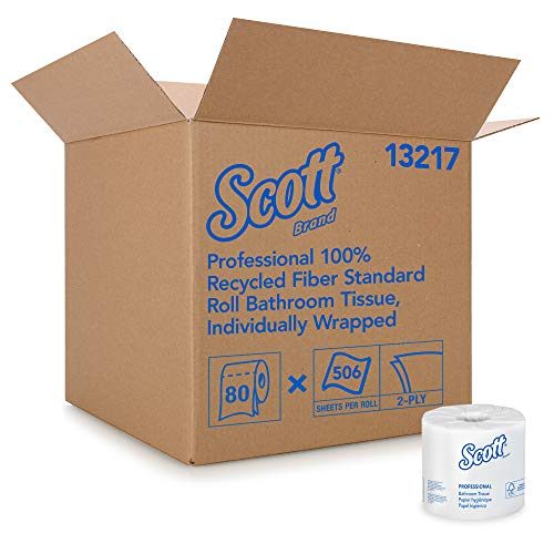 Scott Essential Professional 100% Recycled Fiber Bulk Toilet Paper for Business (13217), 2-PLY Standard Rolls, White, 80 Rolls / Case,...