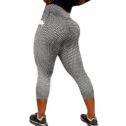 SEASUM Women High Waist Capris Leggings With Pockets Textured Yoga Workout Active Tights Gray S