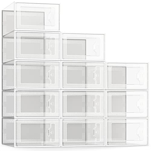 SEESPRING 12 Pack Shoe Storage Box, Clear Plastic Stackable Shoe Organizer for Closet, Space Saving Foldable Shoe Sneaker Containers Bins...