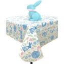 Serafina Home Easter Spring Flannel Backed Vinyl Tablecloth: Easter Eggs and Bunnies with Colorful Floral Prints, Blue Pink Green White...