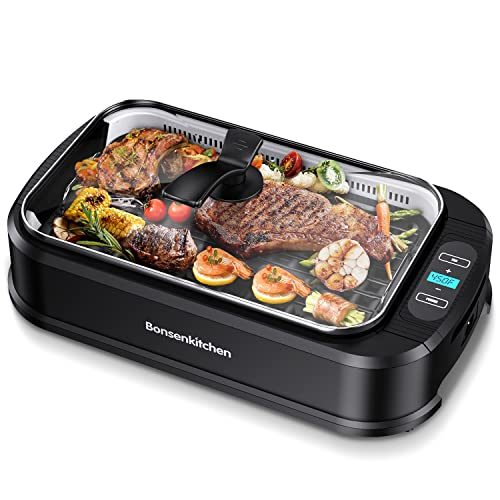 Smokeless Indoor Grill, Bonsenkitchen Electric Grill Indoor with Tempered Glass Lid, Removable Non-Stick Grill & Griddle Plates, LED Smart Temperature...