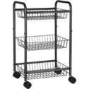 SONGMICS 3-Tier Metal Rolling Cart on Wheels with Baskets, Lockable Utility Trolley with Handles for Kitchen Bathroom Closet, Storage with...