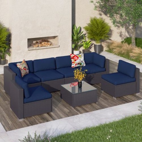 Sophia & William 7 Pieces Outdoor Patio Rattan Sectional Sofa Set, Wicker Rattan Patio Furniture Sofa Chairs Sets with Tea...