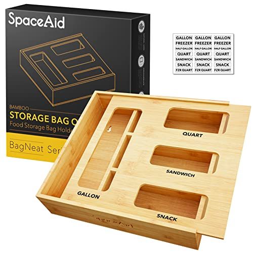 SpaceAid Bag Storage Organizer for Kitchen Drawer, Bamboo Organizer, Compatible with Gallon, Quart, Sandwich and Snack Variety Size Bag (1...