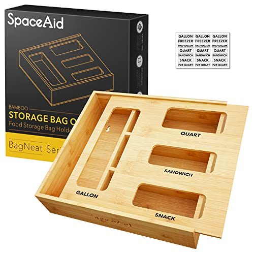 SpaceAid Bag Storage Organizer for Kitchen Drawer, Bamboo Organizer, Compatible with Gallon, Quart, Sandwich and Snack Variety Size Bag (1...