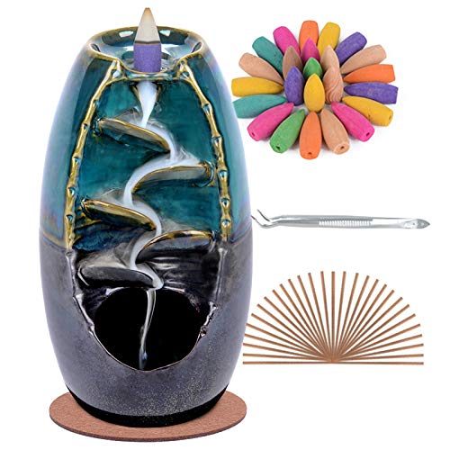 SPACEKEEPER Ceramic Backflow Incense Holder Incense Burner Waterfall, with 120 Backflow Incense Cones + 30 Incense Stick, Aromatherapy Ornament Home...
